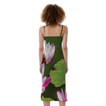 Pink Water Lilies Print Slim Fit Midi Cami Dress