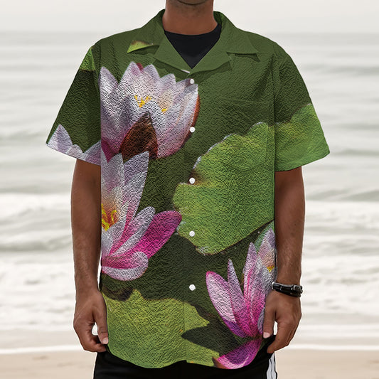 Pink Water Lilies Print Textured Short Sleeve Shirt