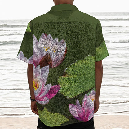 Pink Water Lilies Print Textured Short Sleeve Shirt
