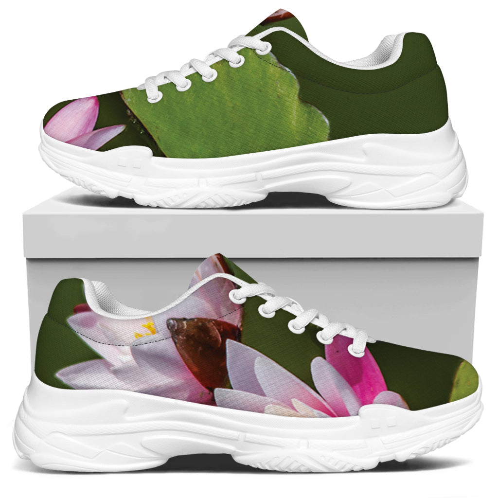 Pink Water Lilies Print White Chunky Shoes