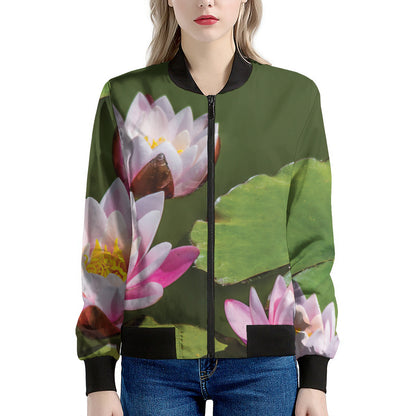 Pink Water Lilies Print Women's Bomber Jacket