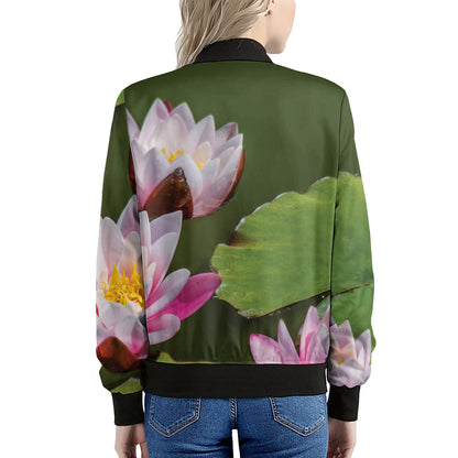Pink Water Lilies Print Women's Bomber Jacket
