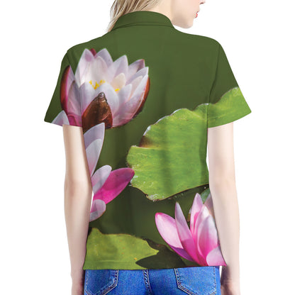 Pink Water Lilies Print Women's Polo Shirt