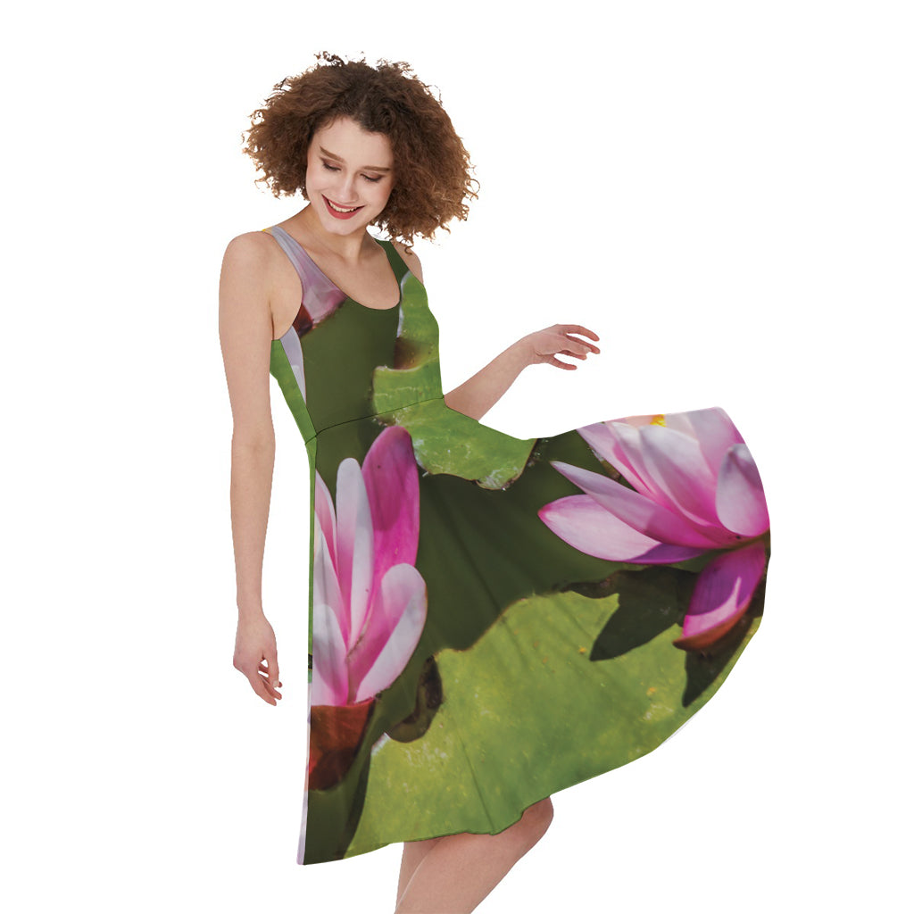 Pink Water Lilies Print Women's Sleeveless Dress