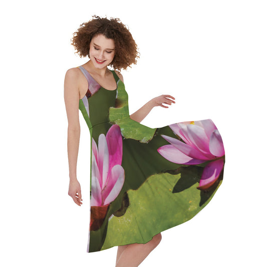 Pink Water Lilies Print Women's Sleeveless Dress