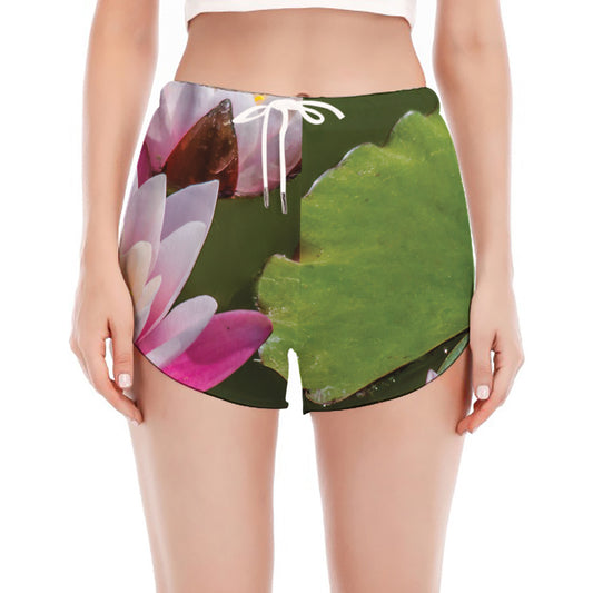 Pink Water Lilies Print Women's Split Running Shorts