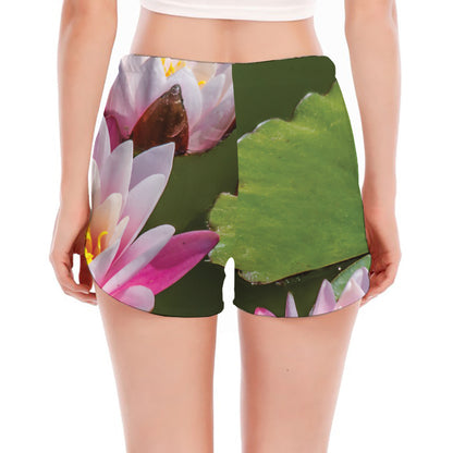 Pink Water Lilies Print Women's Split Running Shorts