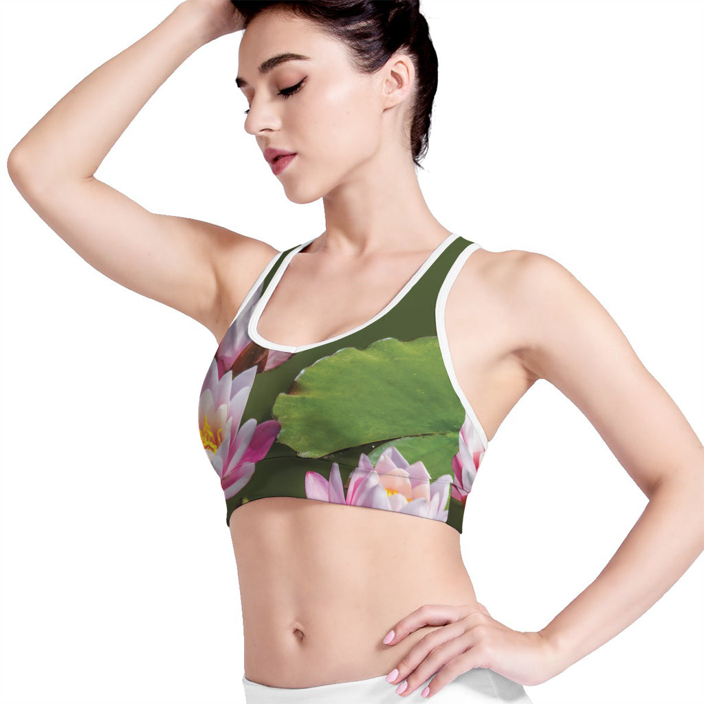 Pink Water Lilies Print Women's Sports Bra