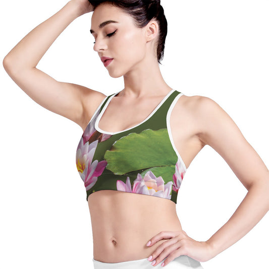 Pink Water Lilies Print Women's Sports Bra