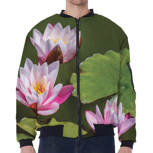 Pink Water Lilies Print Zip Sleeve Bomber Jacket