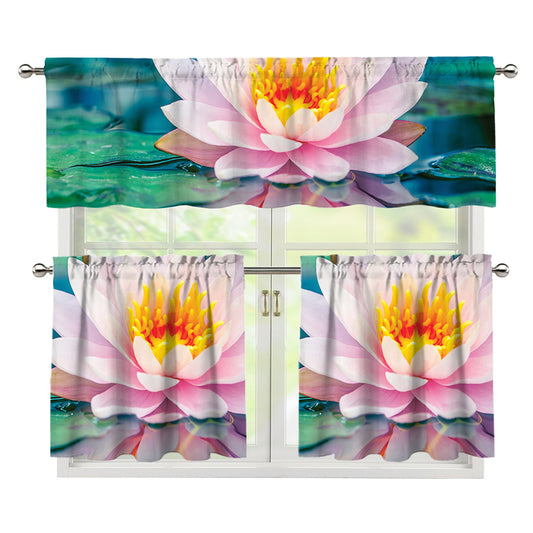 Pink Water Lily Print 3 Piece Kitchen Curtains