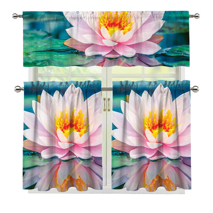 Pink Water Lily Print 3 Piece Kitchen Curtains