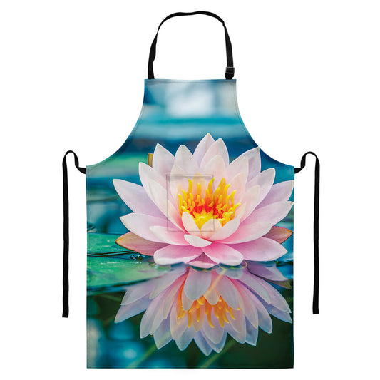 Pink Water Lily Print Bib Apron With Pocket