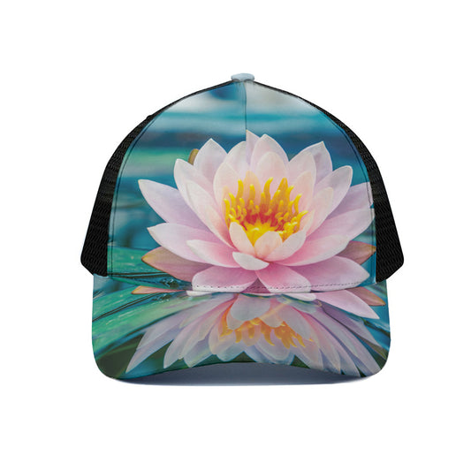 Pink Water Lily Print Black Mesh Trucker Cap