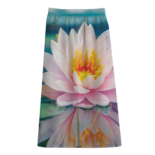 Pink Water Lily Print Cotton Front Slit Maxi Skirt