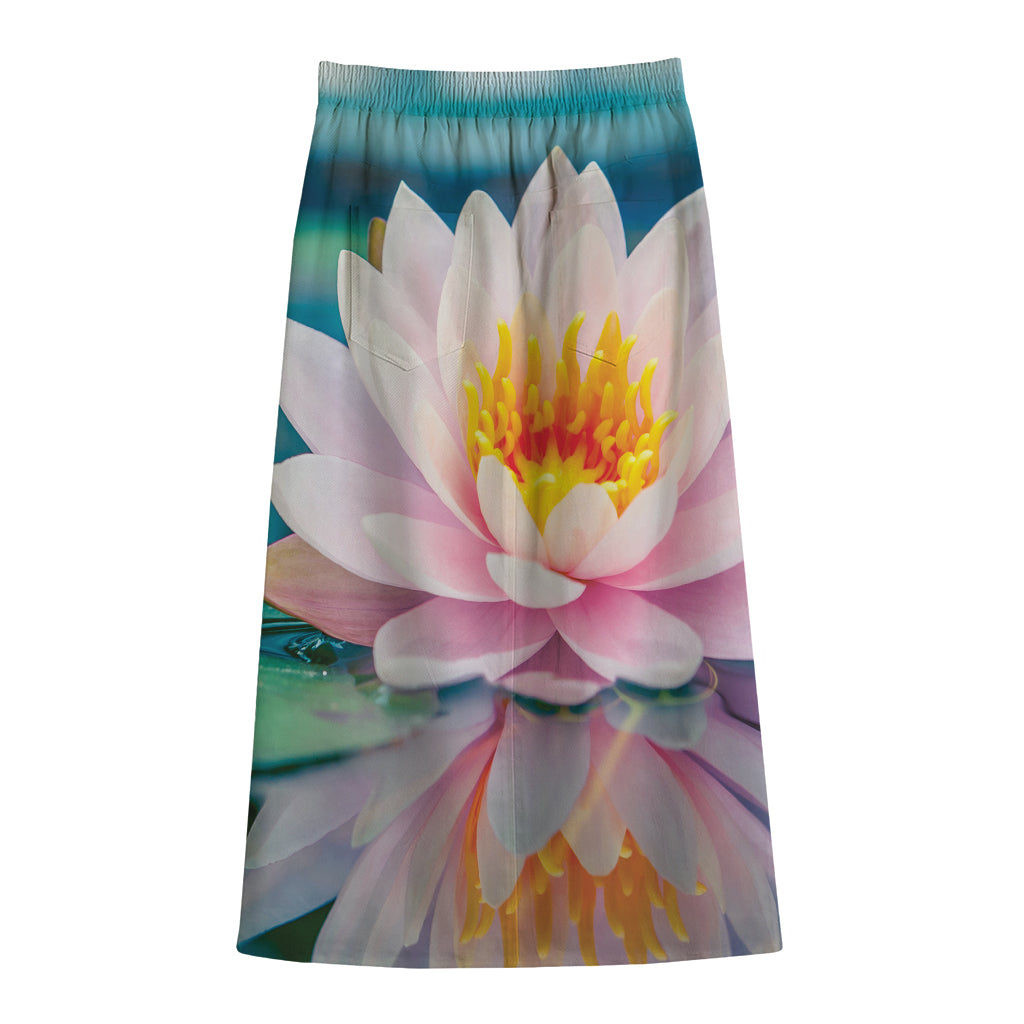 Pink Water Lily Print Cotton Front Slit Maxi Skirt