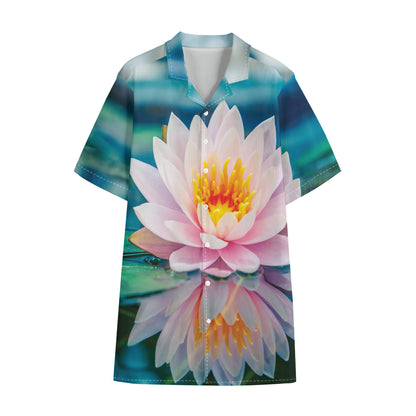 Pink Water Lily Print Cotton Hawaiian Shirt