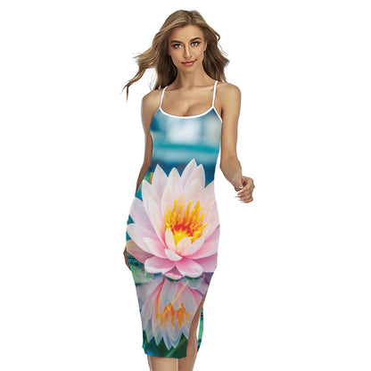 Pink Water Lily Print Cross Back Cami Dress