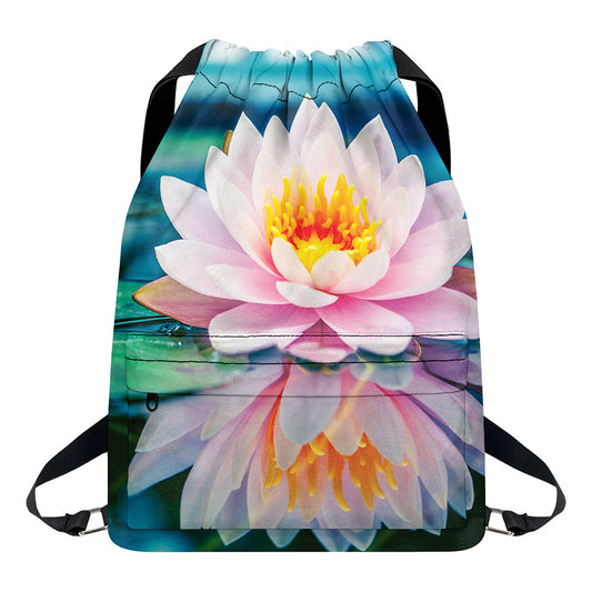 Pink Water Lily Print Drawstring Backpack