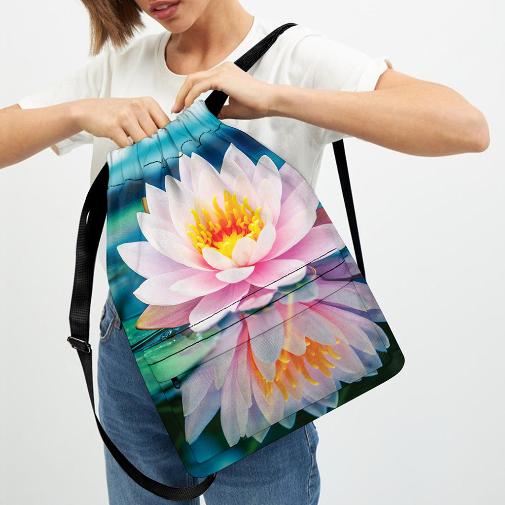 Pink Water Lily Print Drawstring Backpack