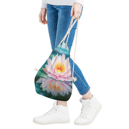 Pink Water Lily Print Drawstring Bag