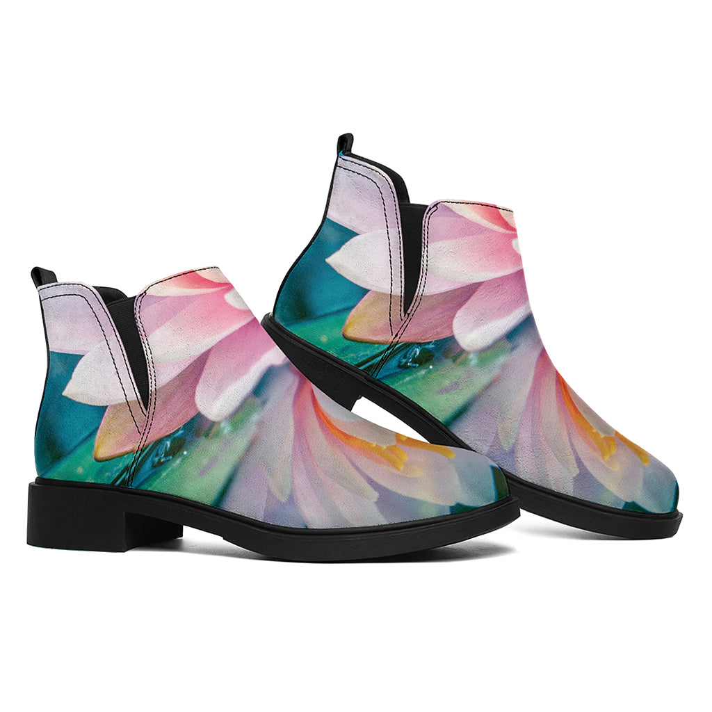 Pink Water Lily Print Flat Ankle Boots