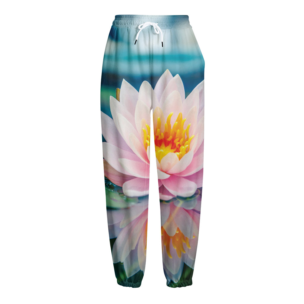 Pink Water Lily Print Fleece Lined Knit Pants