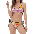 Pink Water Lily Print Halter Scoop Tie Side Bikini