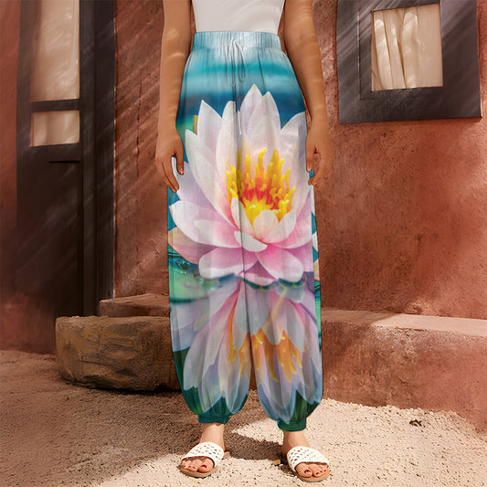Pink Water Lily Print Harem Pants