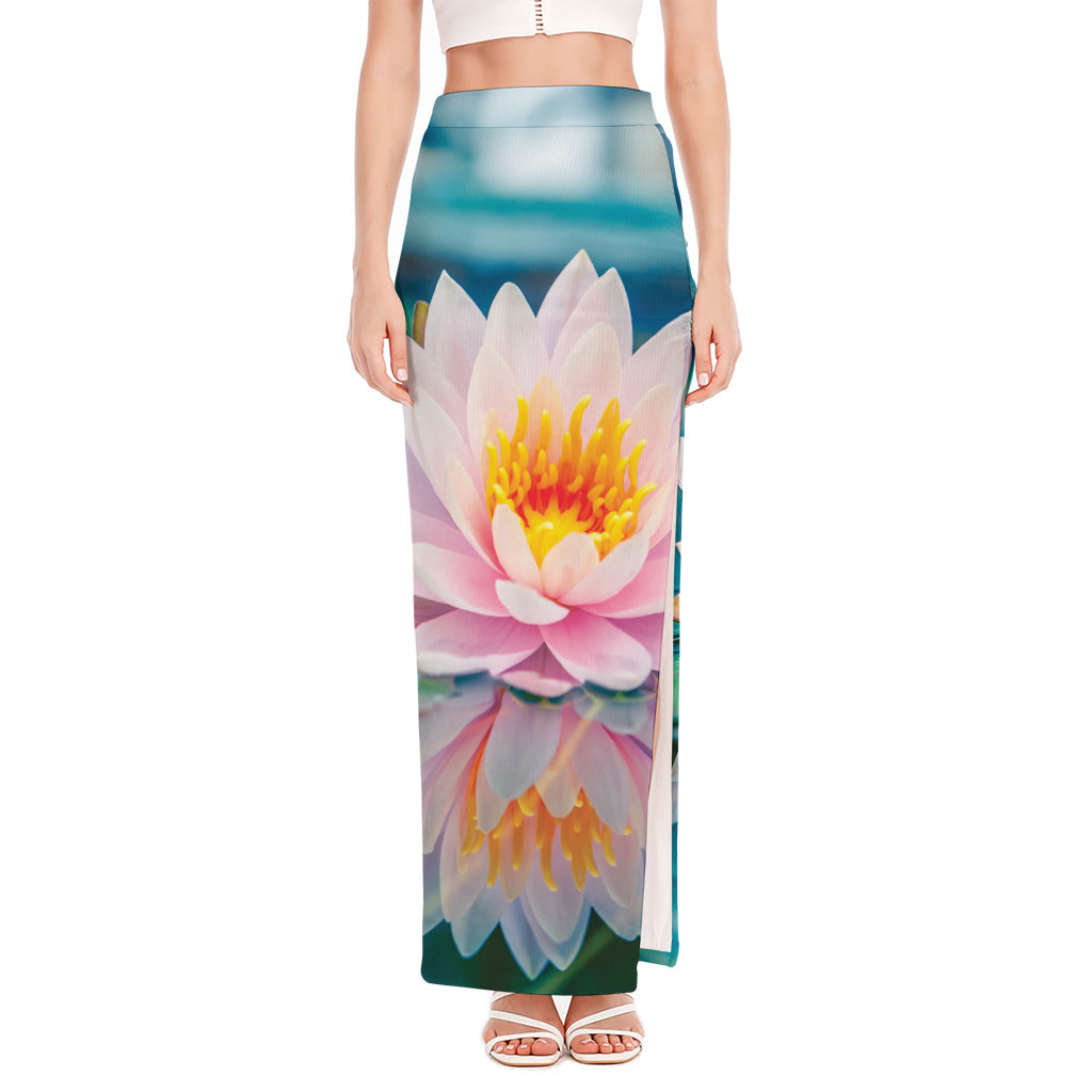 Pink Water Lily Print High Slit Maxi Skirt