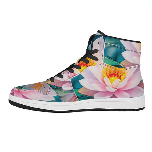 Pink Water Lily Print High Top Leather Sneakers