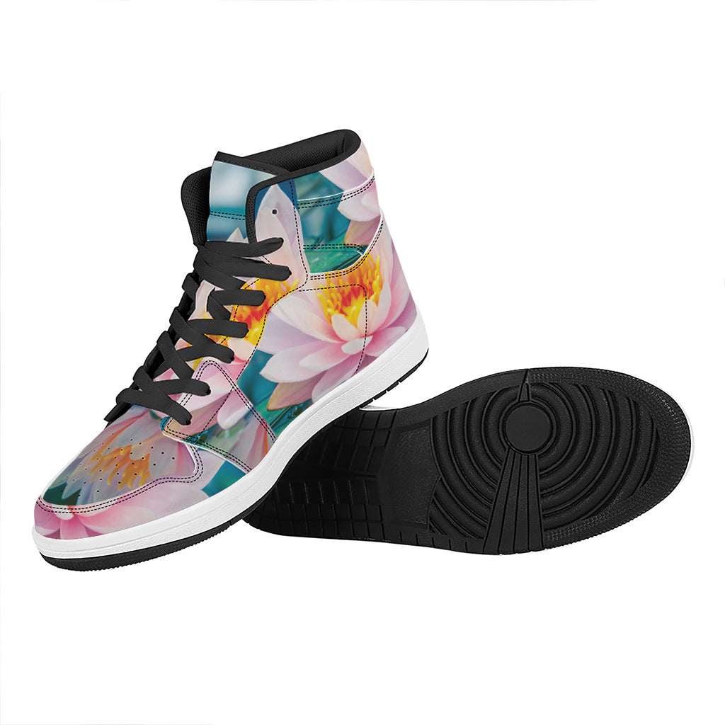 Pink Water Lily Print High Top Leather Sneakers