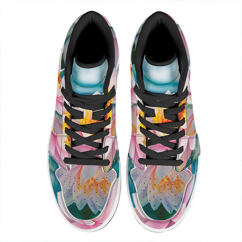 Pink Water Lily Print High Top Leather Sneakers