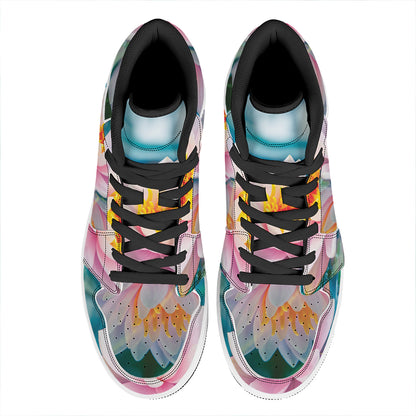 Pink Water Lily Print High Top Leather Sneakers
