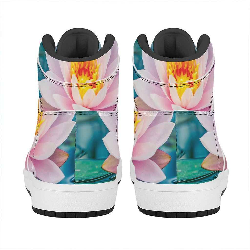 Pink Water Lily Print High Top Leather Sneakers