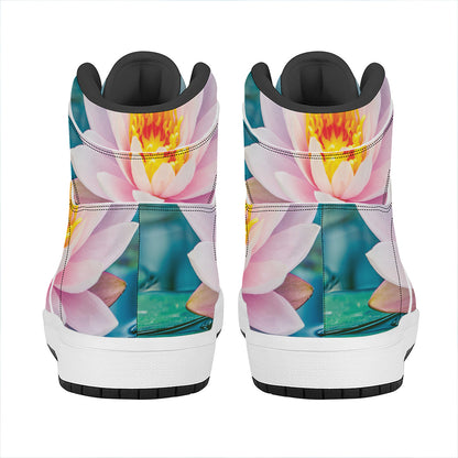 Pink Water Lily Print High Top Leather Sneakers