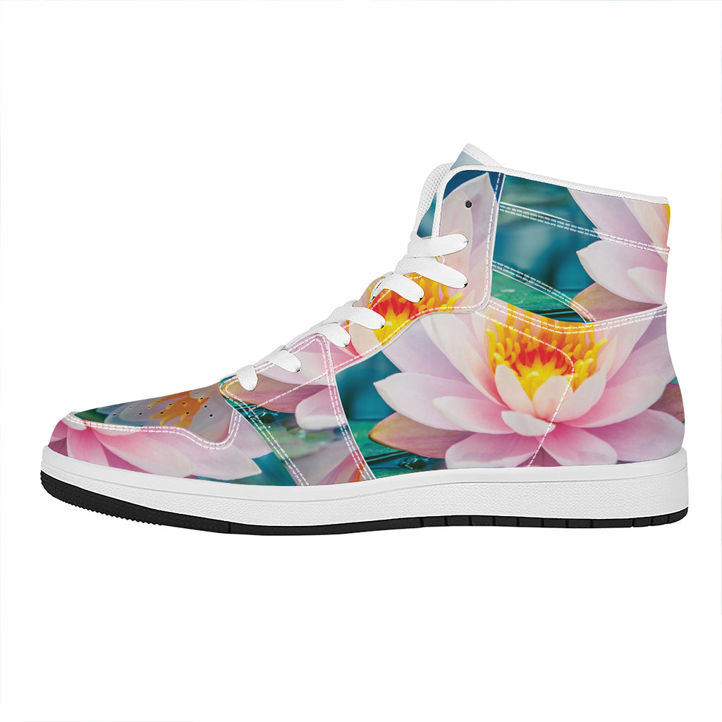 Pink Water Lily Print High Top Leather Sneakers