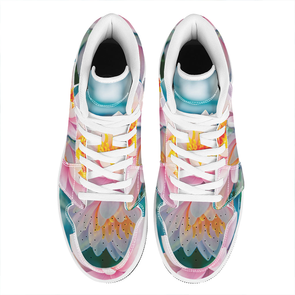 Pink Water Lily Print High Top Leather Sneakers