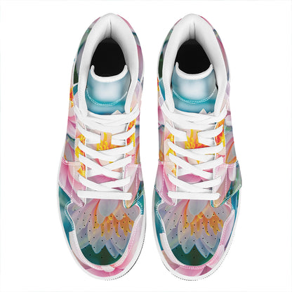 Pink Water Lily Print High Top Leather Sneakers