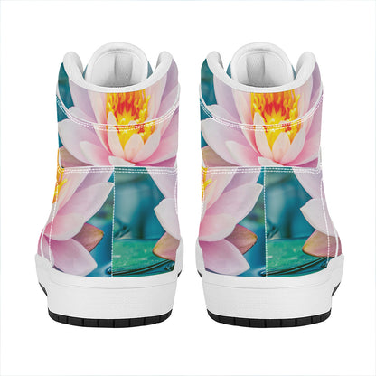 Pink Water Lily Print High Top Leather Sneakers
