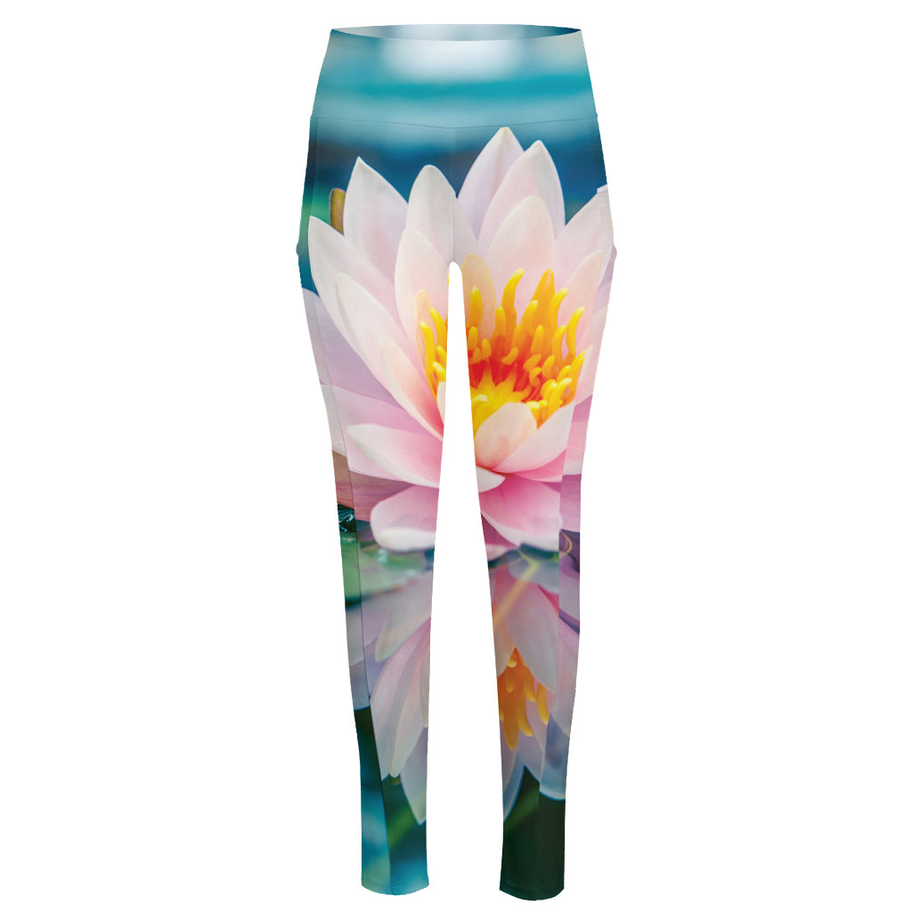 Pink Water Lily Print High-Waisted Pocket Leggings