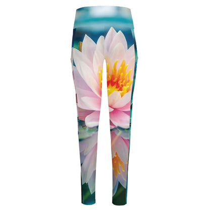 Pink Water Lily Print High-Waisted Pocket Leggings
