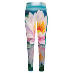 Pink Water Lily Print High-Waisted Pocket Leggings