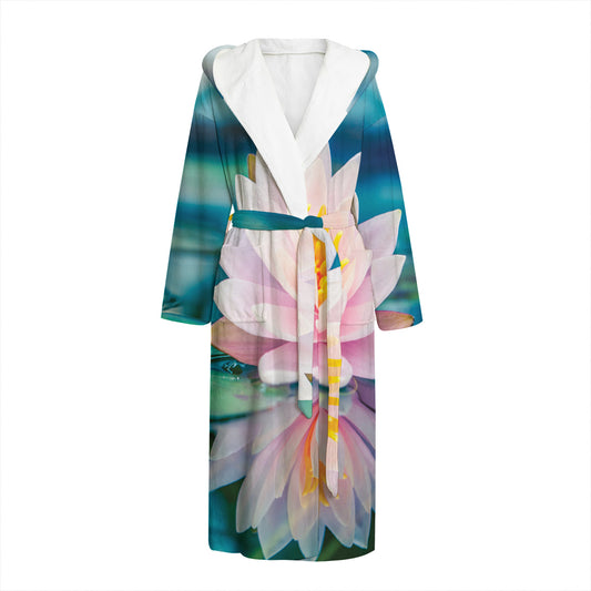 Pink Water Lily Print Hooded Bathrobe