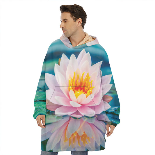 Pink Water Lily Print Hoodie Blanket