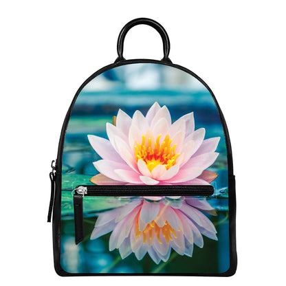Pink Water Lily Print Leather Backpack