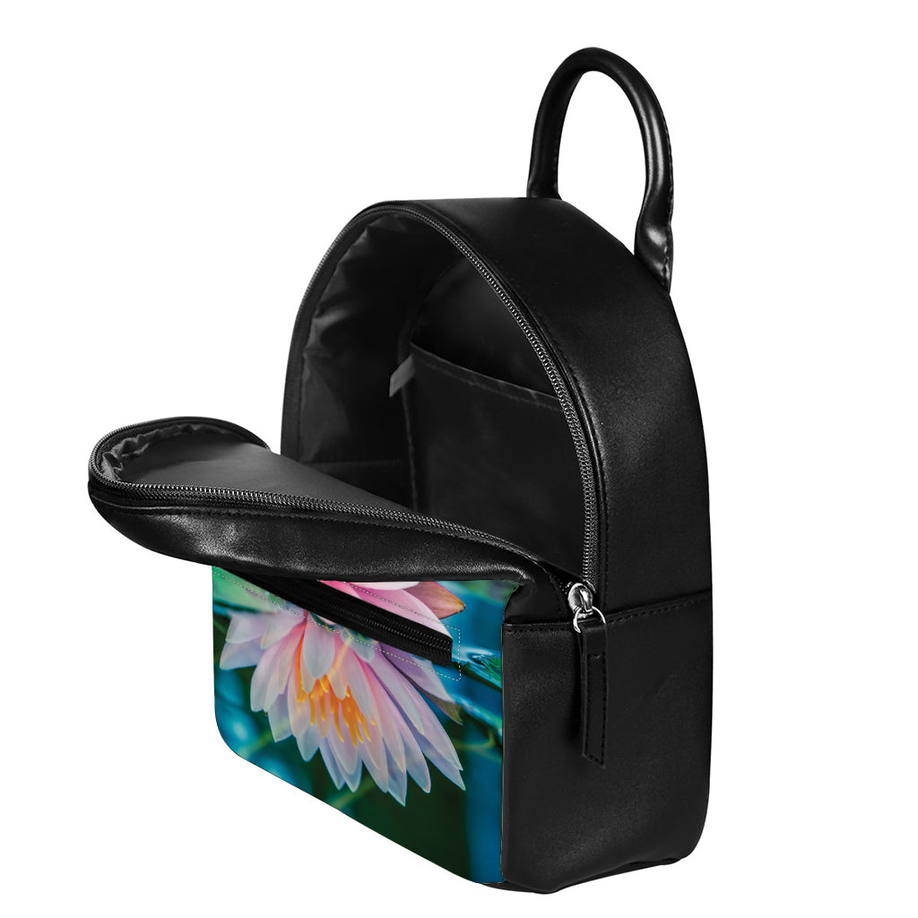 Pink Water Lily Print Leather Backpack