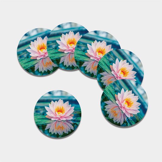 Pink Water Lily Print Leather Coaster Set