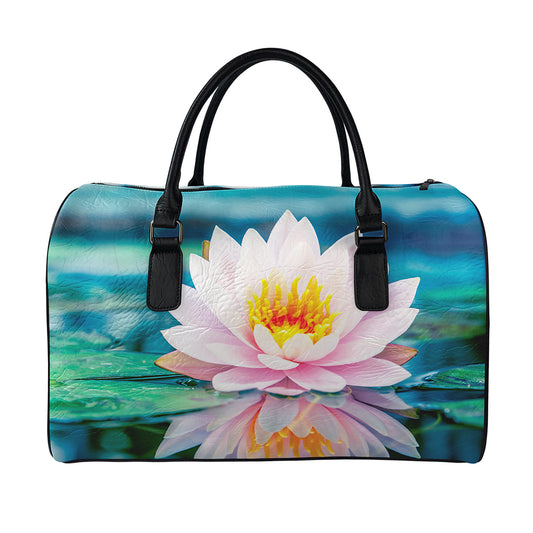 Pink Water Lily Print Leather Duffle Bag