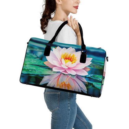 Pink Water Lily Print Leather Duffle Bag